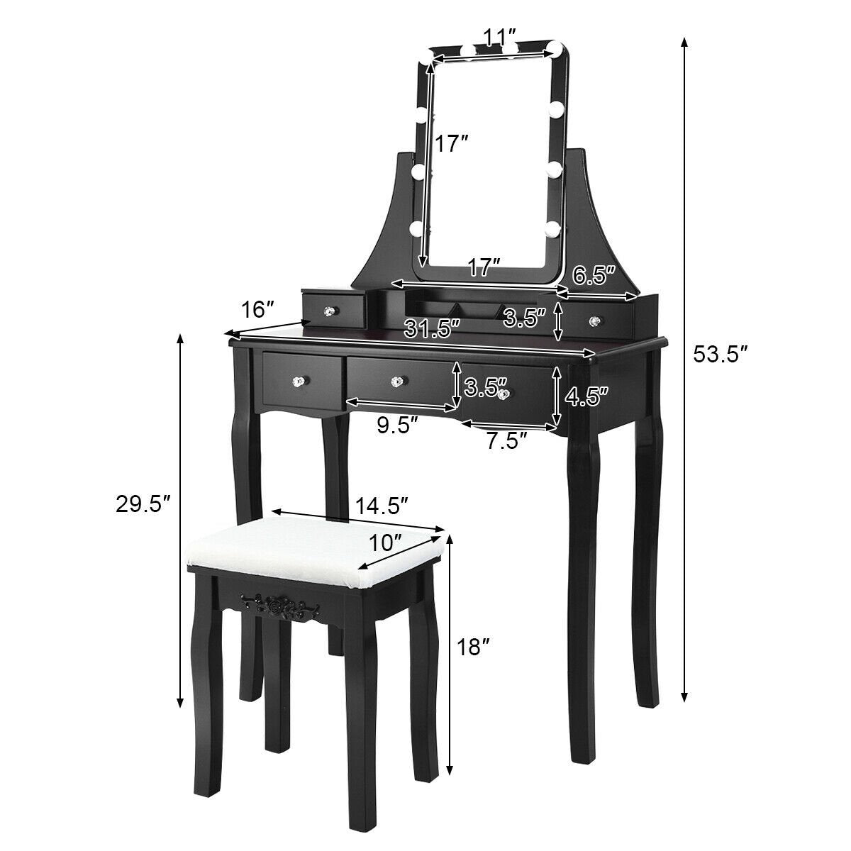 10 Dimmable Light Bulbs Vanity Dressing Table with 2 Dividers and Cushioned Stool-Black view 5