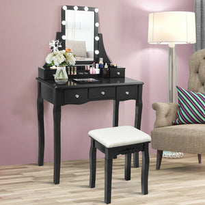 10 Dimmable Light Bulbs Vanity Dressing Table with 2 Dividers and Cushioned Stool-Black view 6