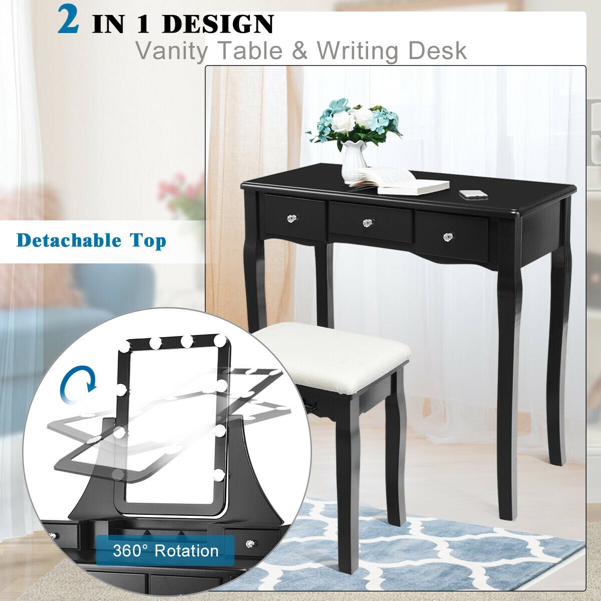 10 Dimmable Light Bulbs Vanity Dressing Table with 2 Dividers and Cushioned Stool-Black view 8