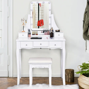 10 Dimmable Light Bulbs Vanity Dressing Table with 2 Dividers and Cushioned Stool-White view 3