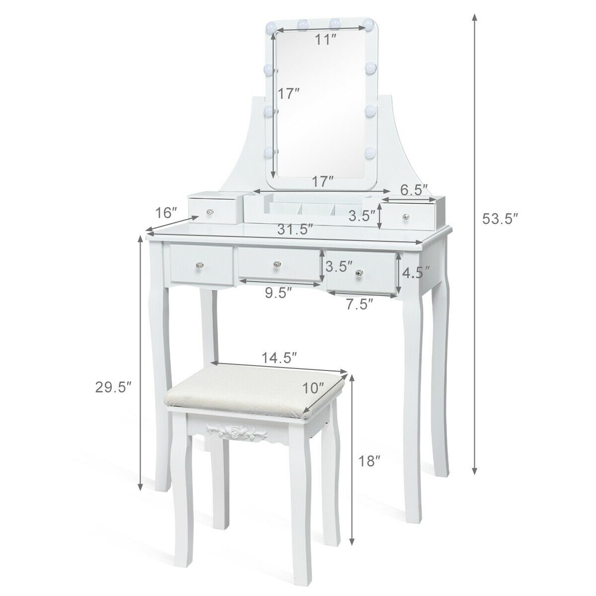 10 Dimmable Light Bulbs Vanity Dressing Table with 2 Dividers and Cushioned Stool-White view 5