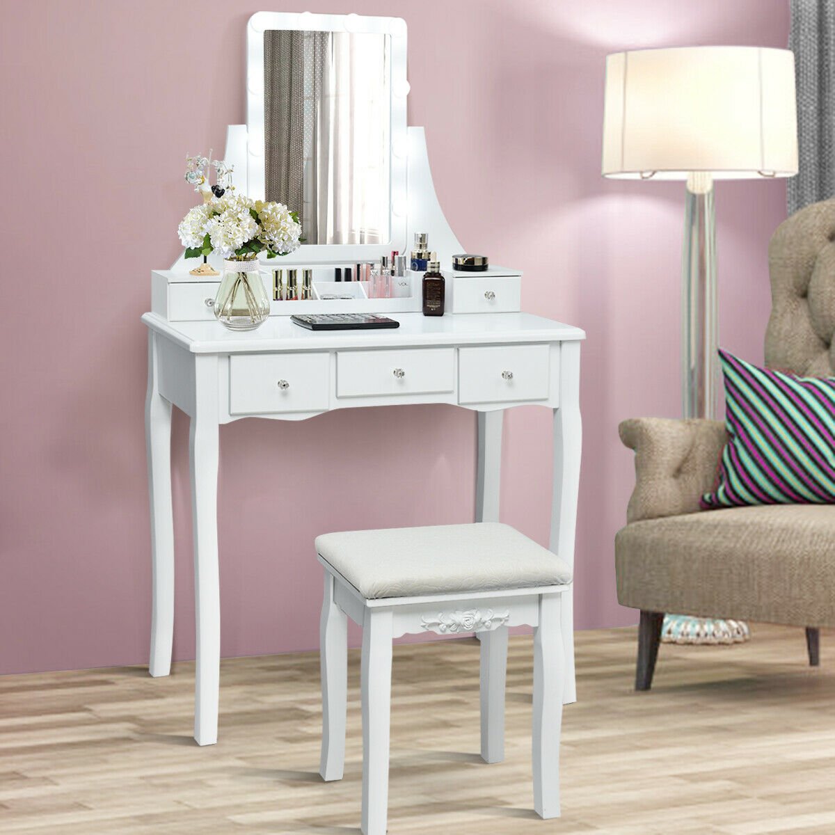 10 Dimmable Light Bulbs Vanity Dressing Table with 2 Dividers and Cushioned Stool-White view 6