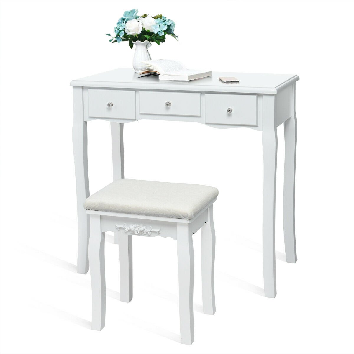 10 Dimmable Light Bulbs Vanity Dressing Table with 2 Dividers and Cushioned Stool-White view 7