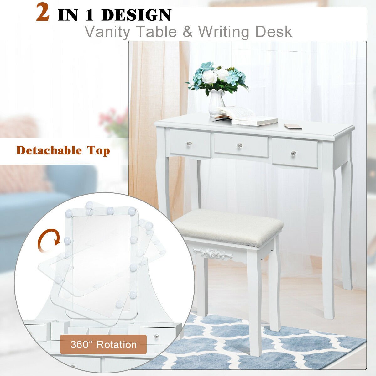 10 Dimmable Light Bulbs Vanity Dressing Table with 2 Dividers and Cushioned Stool-White view 8