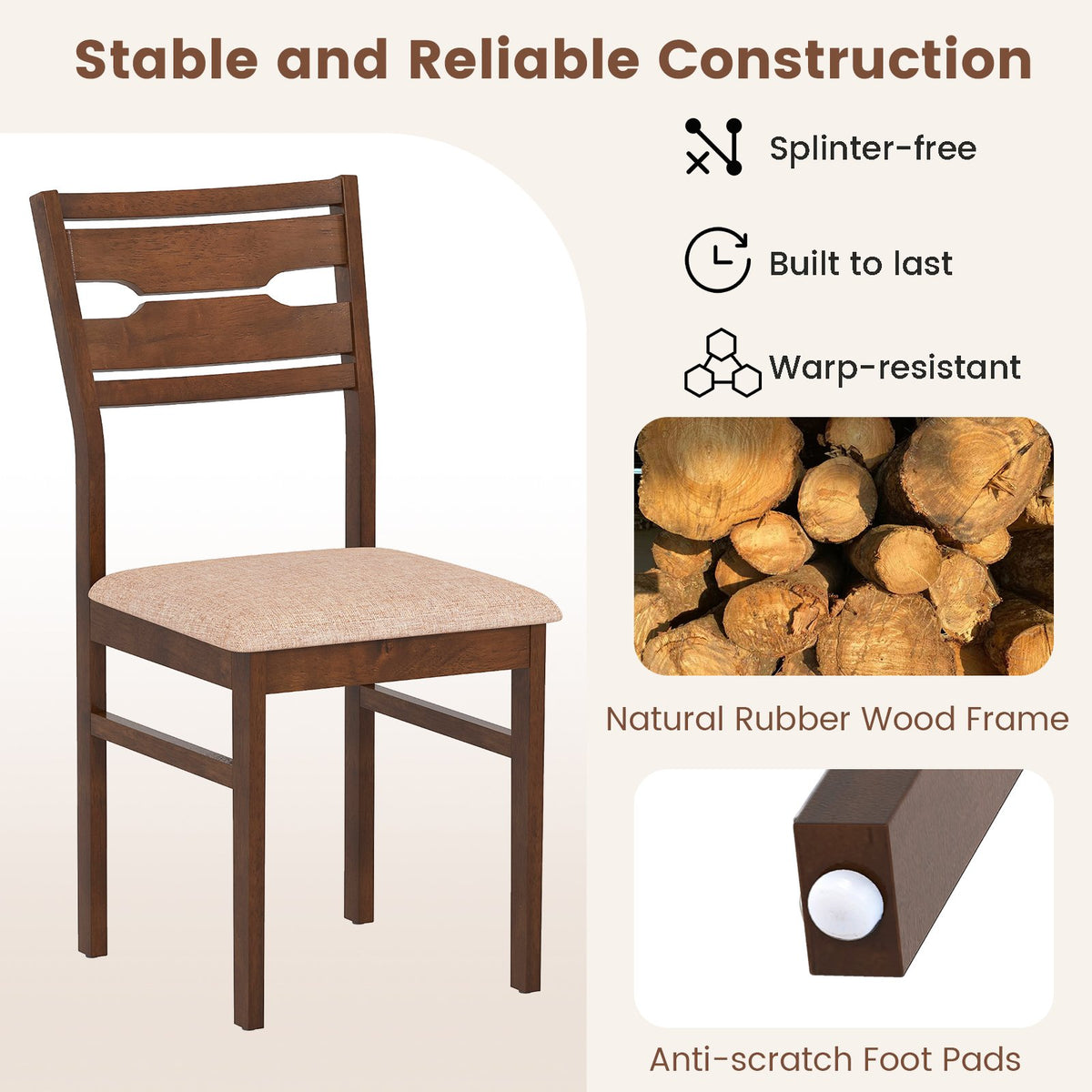 Dining Chair Set of 2/4 with Rubber Wood Frame and Padded Seat-2 view 6