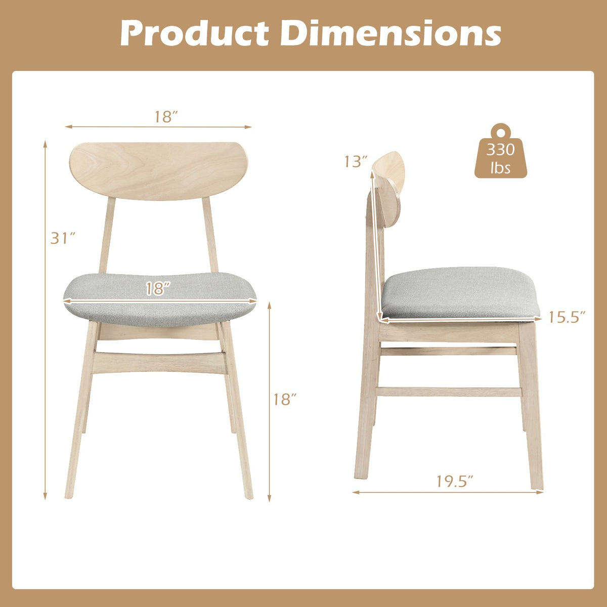 Dining Chair Set of 2 Fabric Upholstered Kitchen Armless Chairs-Natural view 4