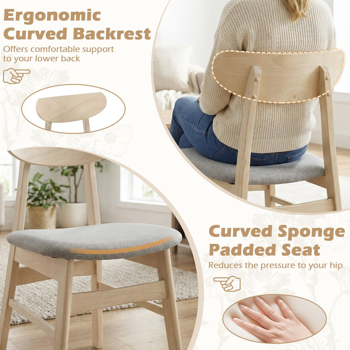 Dining Chair Set of 2 Fabric Upholstered Kitchen Armless Chairs-Natural view 5