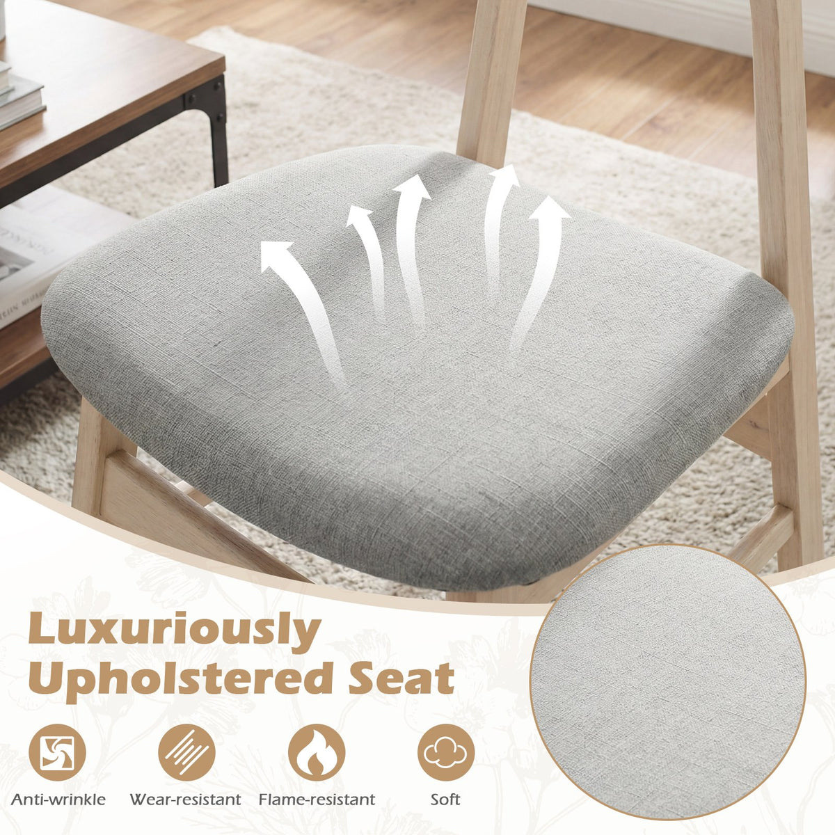 Dining Chair Set of 2 Fabric Upholstered Kitchen Armless Chairs-Natural view 6
