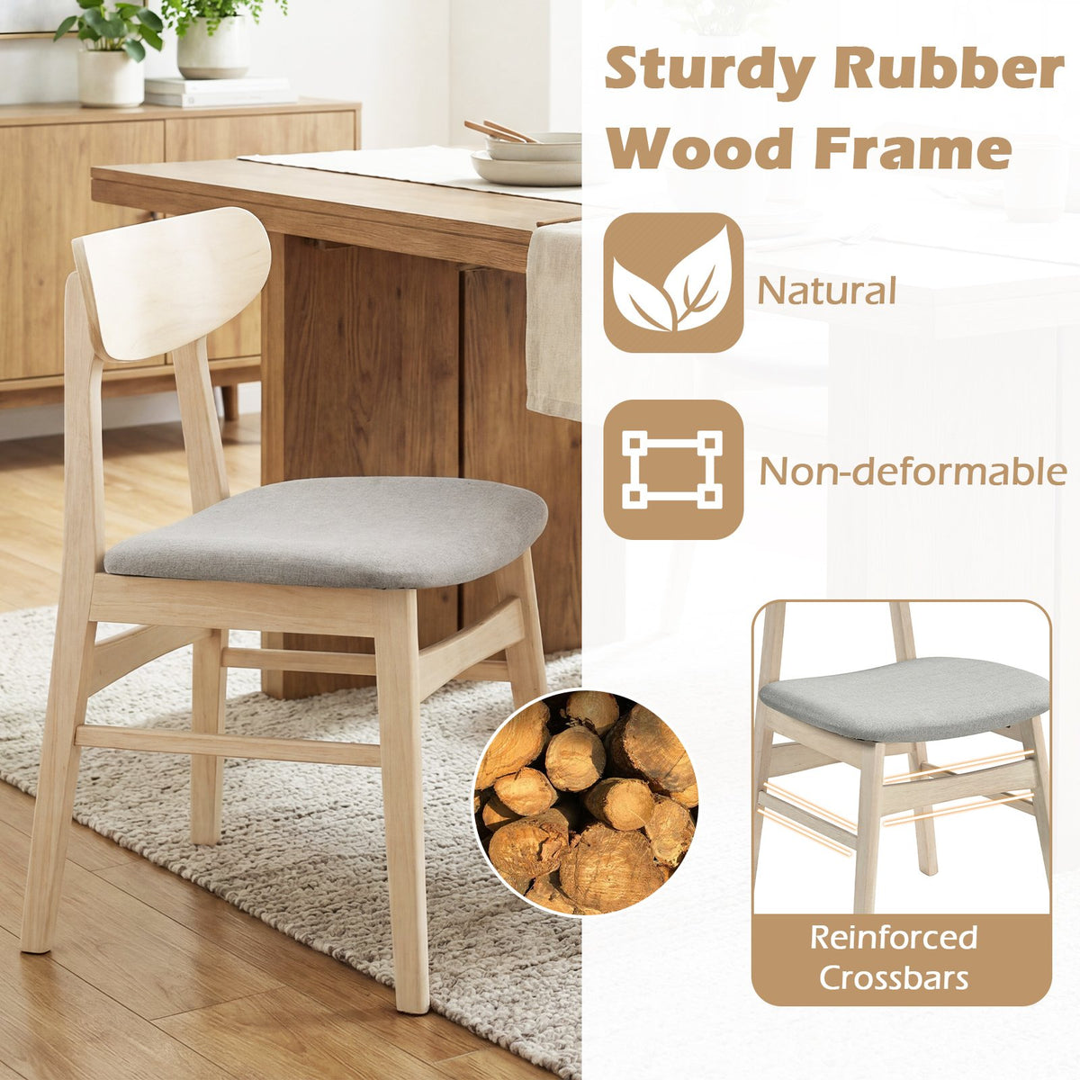 Dining Chair Set of 2 Fabric Upholstered Kitchen Armless Chairs-Natural view 7