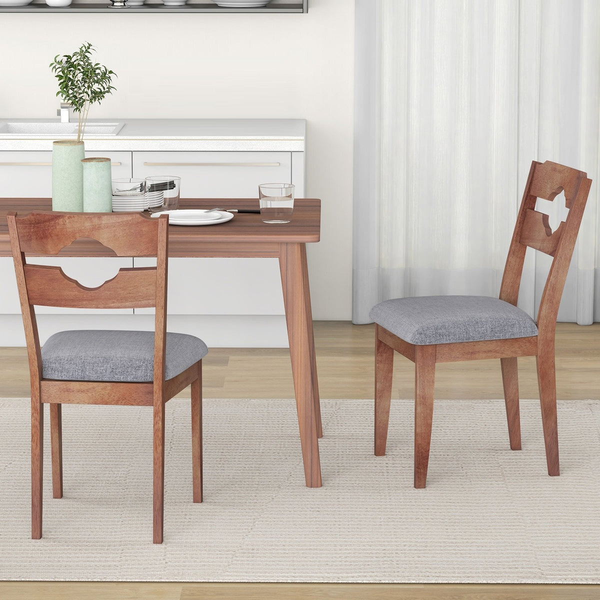 Dining Chair Set of 2 Fabric Upholstered Kitchen Chairs with Padded Seat and High Back-Gray view 2