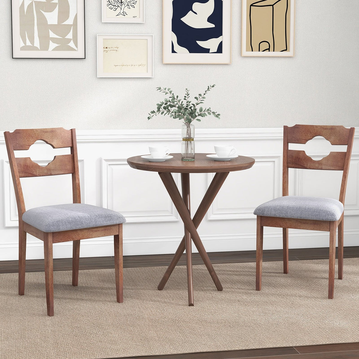 Dining Chair Set of 2 Fabric Upholstered Kitchen Chairs with Padded Seat and High Back-Gray view 3