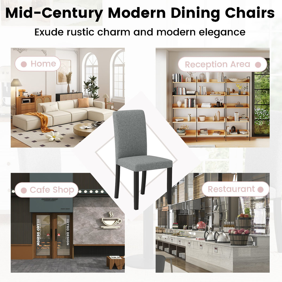 Dining Chair Set of 2 Mid-Century Modern Chairs with Rubber Wood Legs-Gray view 9