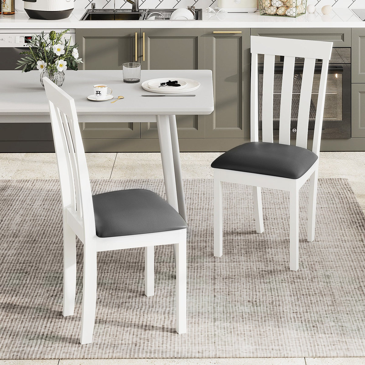 Dining Chair Set of 2 Upholstered Wooden Kitchen Chairs with Padded Seat and Rubber Wood Frame-White view 2