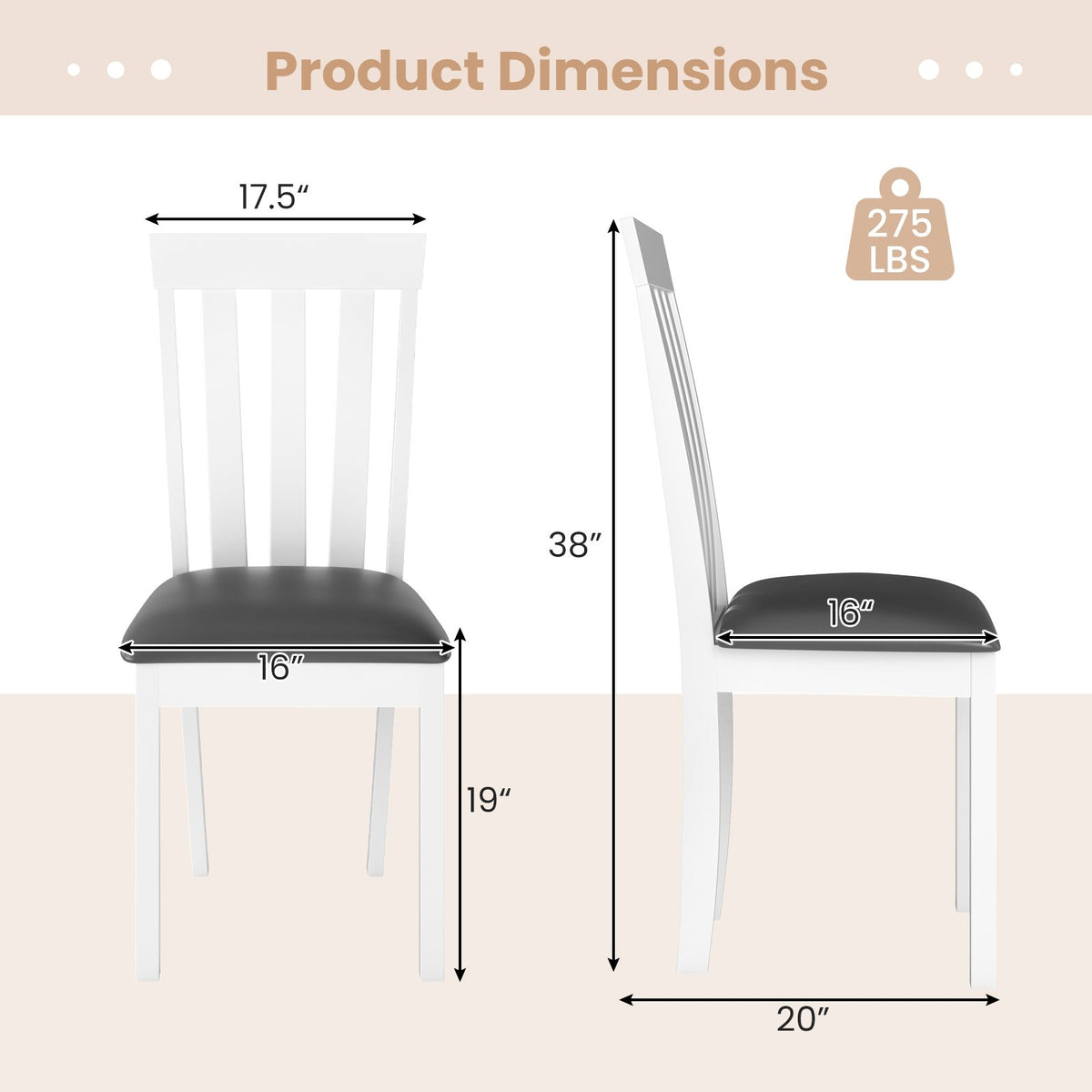 Dining Chair Set of 2 Upholstered Wooden Kitchen Chairs with Padded Seat and Rubber Wood Frame-White view 4