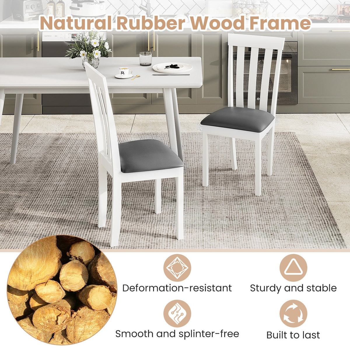 Dining Chair Set of 2 Upholstered Wooden Kitchen Chairs with Padded Seat and Rubber Wood Frame-White view 7