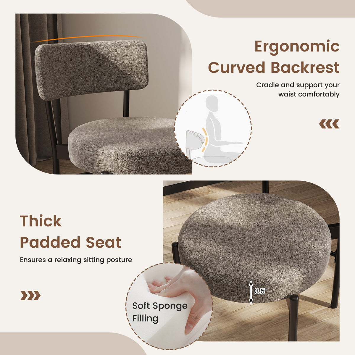 Dining Chair Set of 2 with Curved Backrest and Padded Seat-Gray view 7