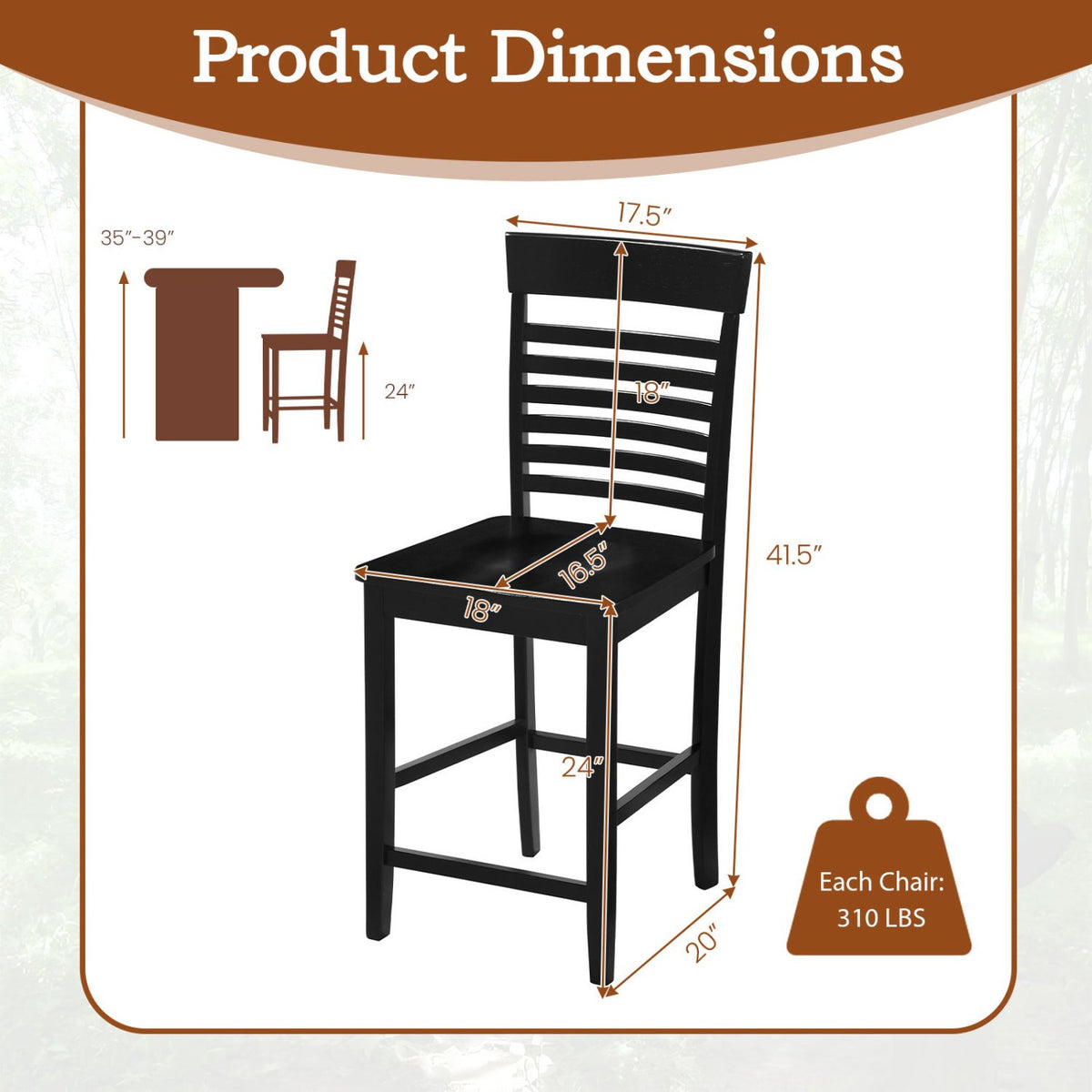 Dining Chair Set of 2 with Footrests and Solid Wood Frame-Black view 4
