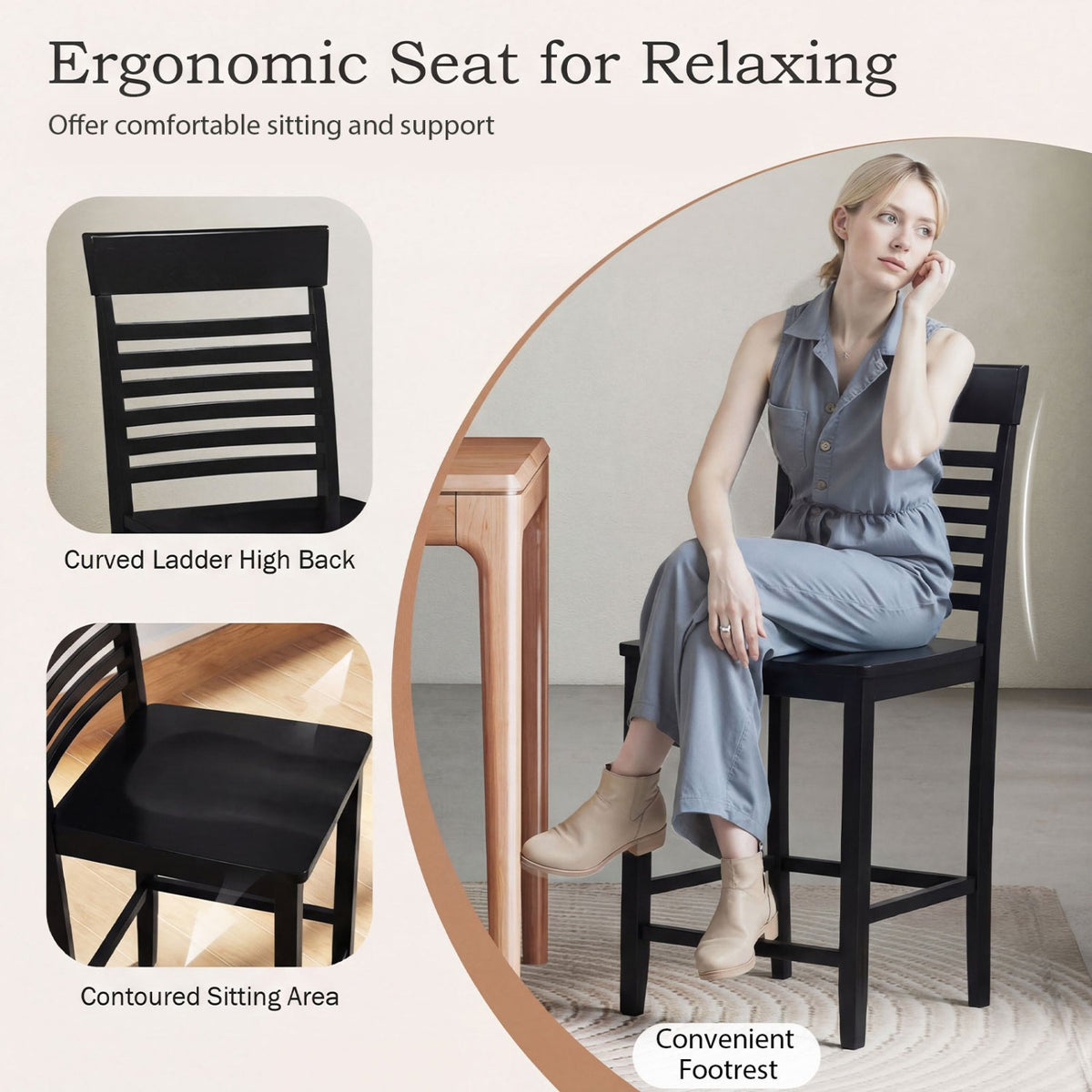 Dining Chair Set of 2 with Footrests and Solid Wood Frame-Black view 6
