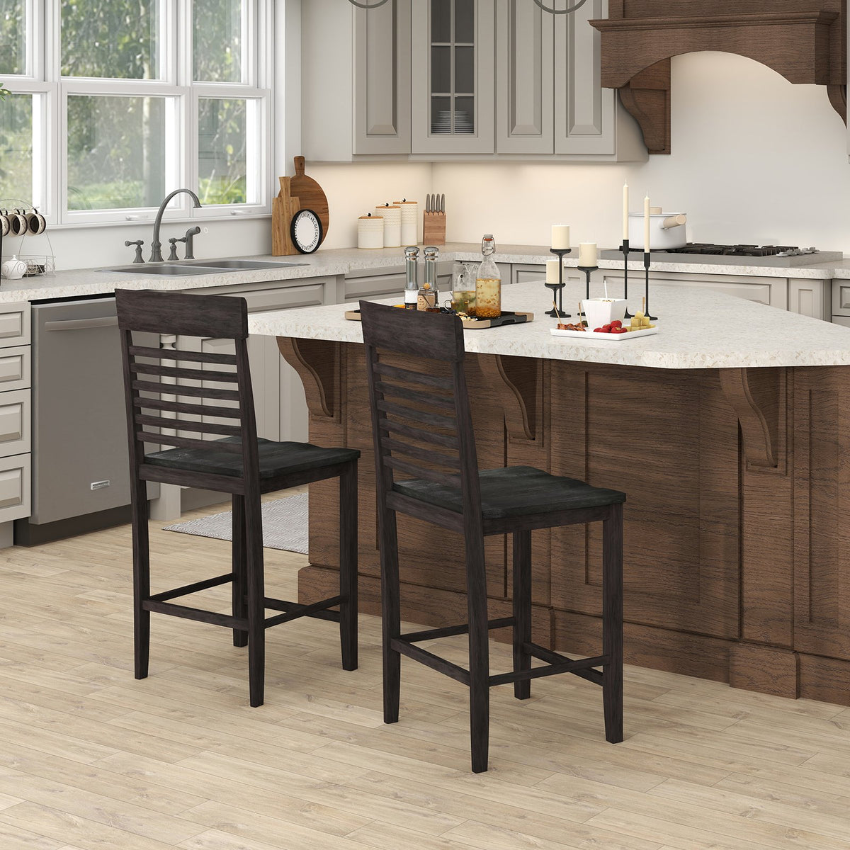 Dining Chair Set of 2 with Footrests and Solid Wood Frame-Gray view 3