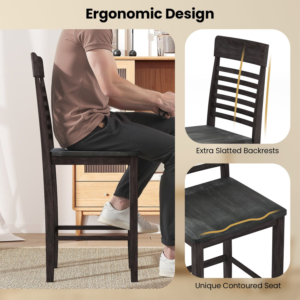 Dining Chair Set of 2 with Footrests and Solid Wood Frame-Gray view 7