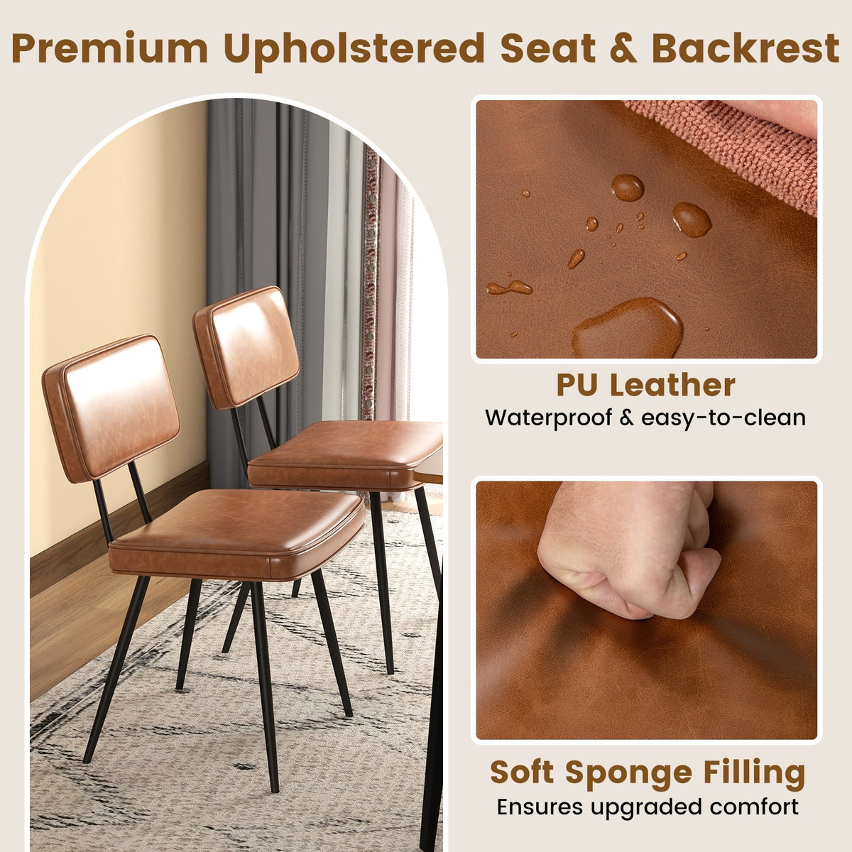 Dining Chair Set of 2 with Padded Backrest and Seat-Brown view 8