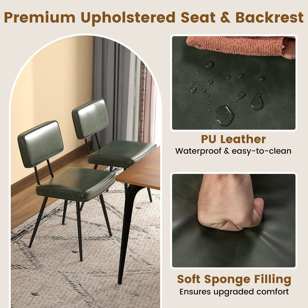 Dining Chair Set of 2 with Padded Backrest and Seat-Dark Green view 6