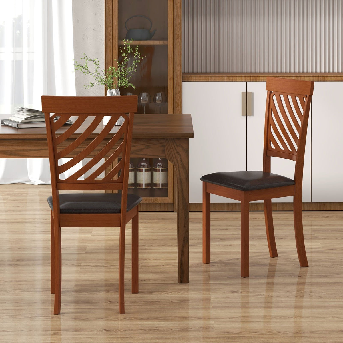 Dining Chair Set of 2 with Rubber Wood Legs and Ergonomic Back for Dining Room-Walnut view 3