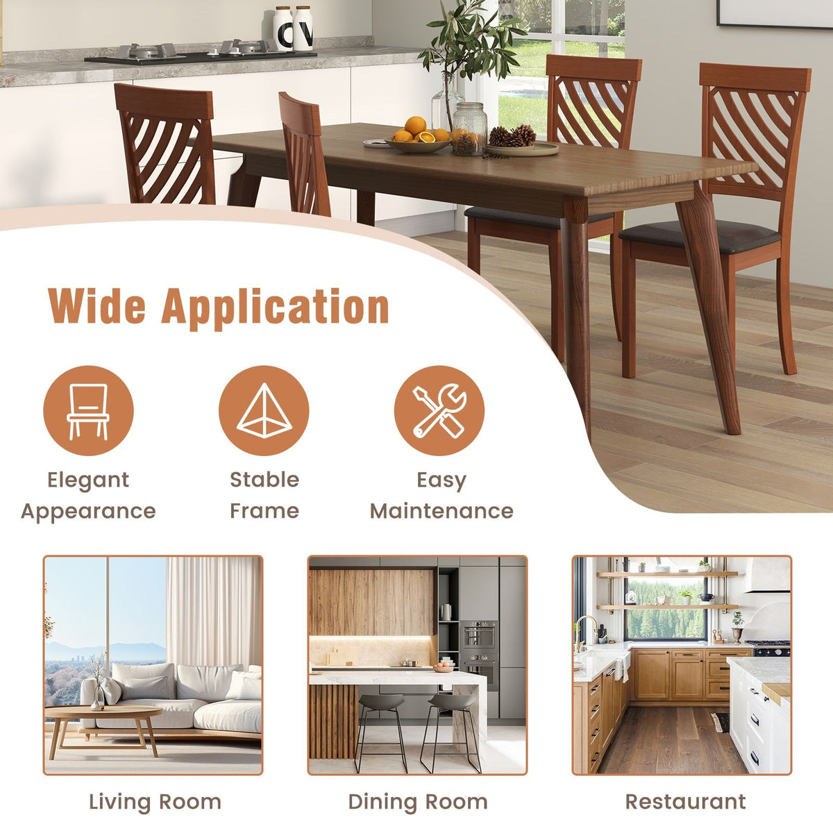 Dining Chair Set of 2 with Rubber Wood Legs and Ergonomic Back for Dining Room-Walnut view 8