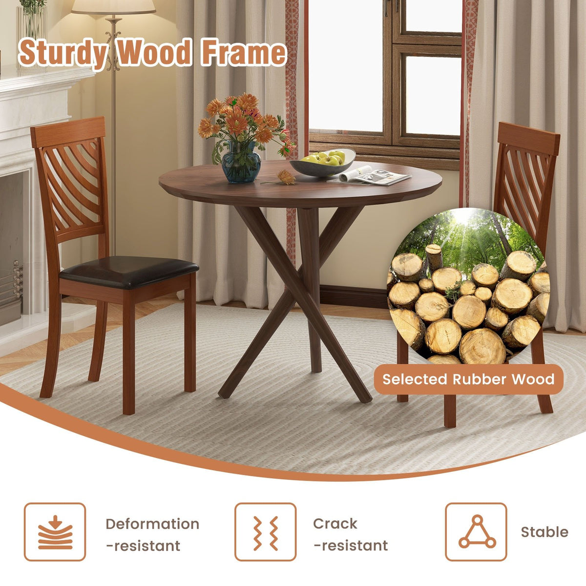 Dining Chair Set of 2 with Rubber Wood Legs and Ergonomic Back for Dining Room-Walnut view 9