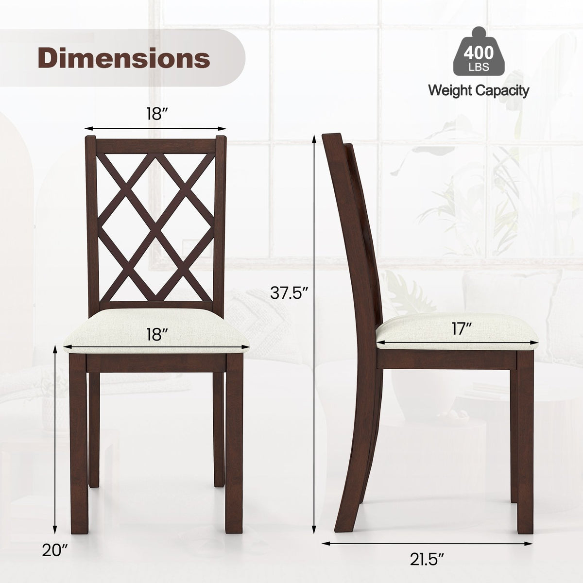 Dining Chair Set of 2 Wood Kitchen Chairs with Upholstered Seat Cushion and Rubber Wood Legs-Brown view 4