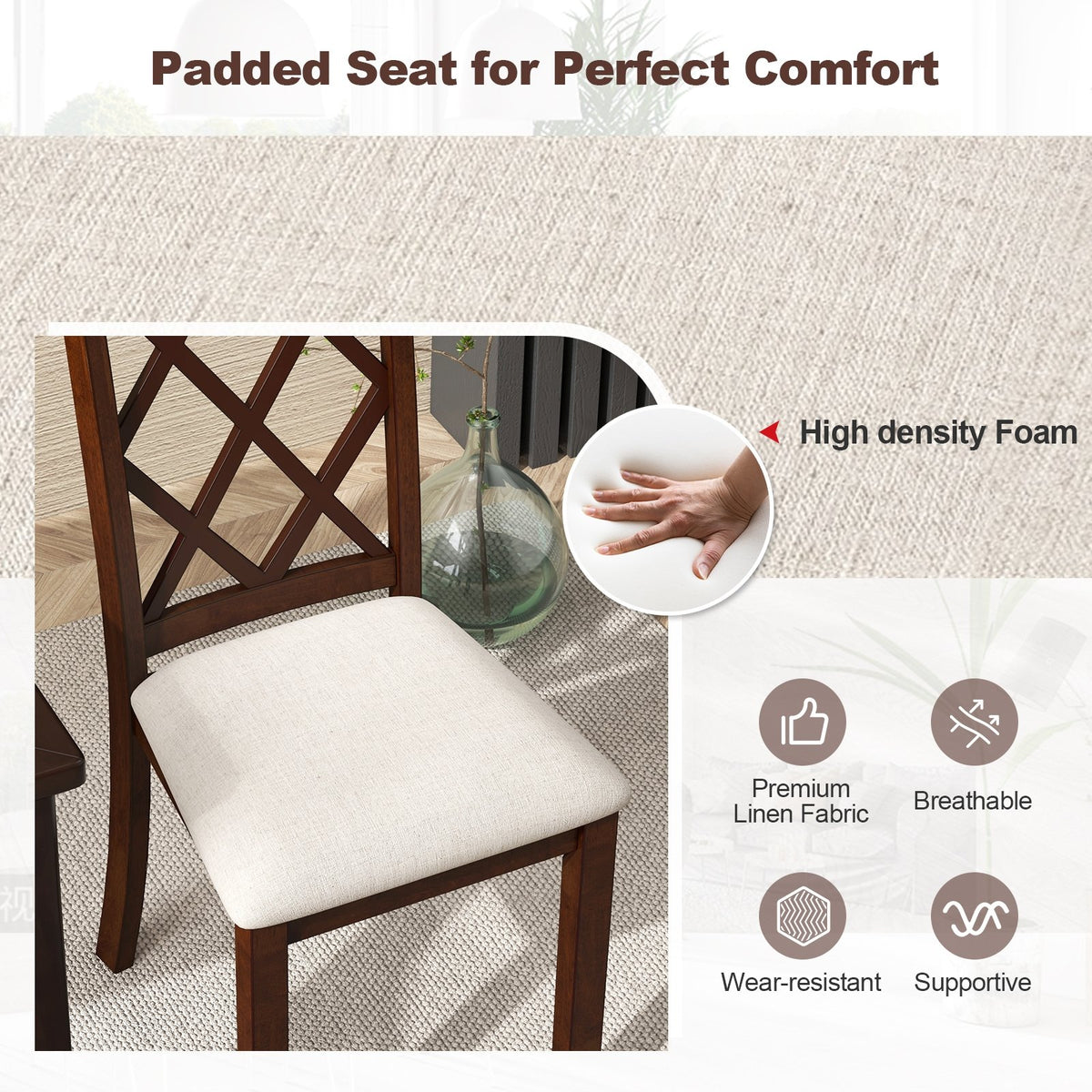 Dining Chair Set of 2 Wood Kitchen Chairs with Upholstered Seat Cushion and Rubber Wood Legs-Brown view 6