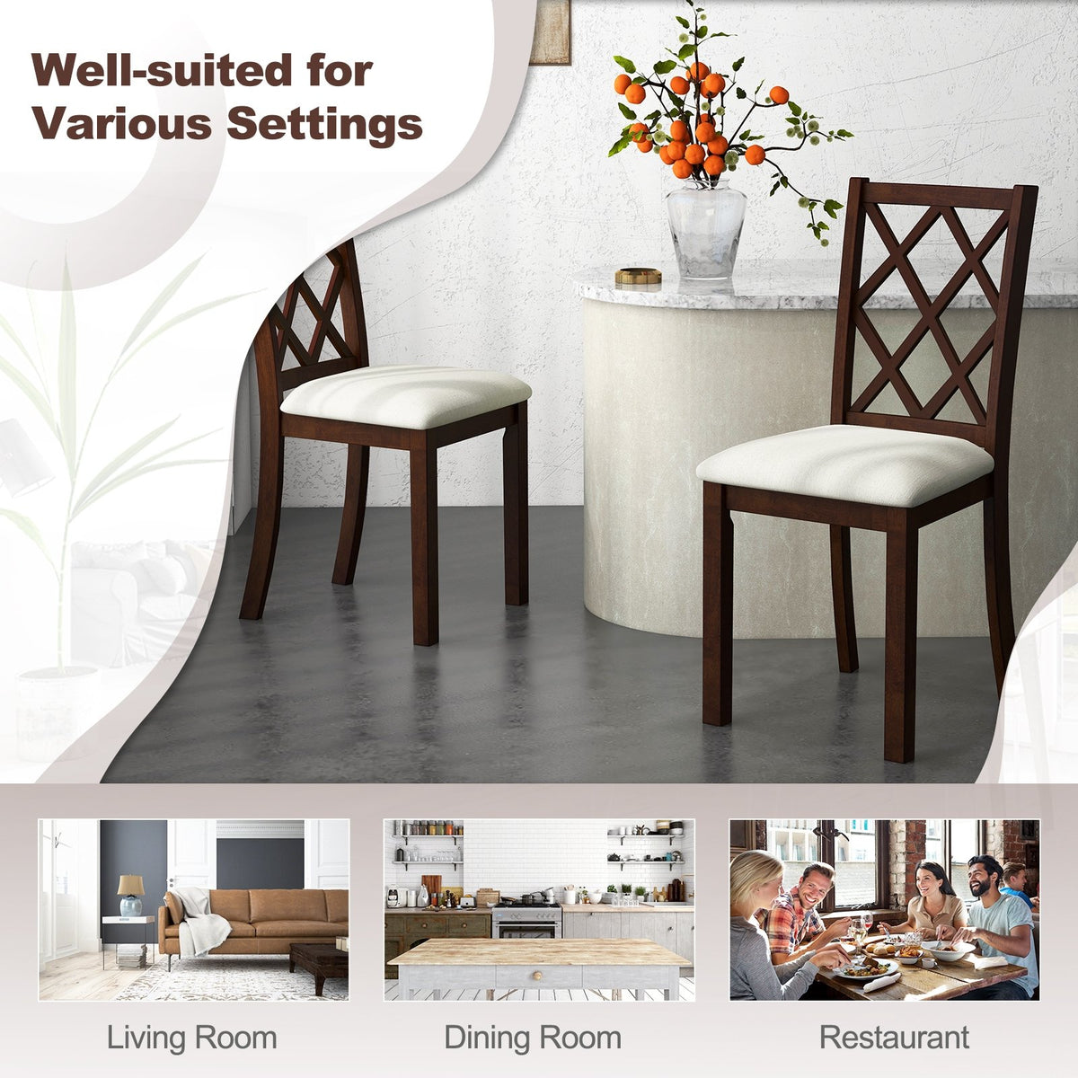 Dining Chair Set of 2 Wood Kitchen Chairs with Upholstered Seat Cushion and Rubber Wood Legs-Brown view 7