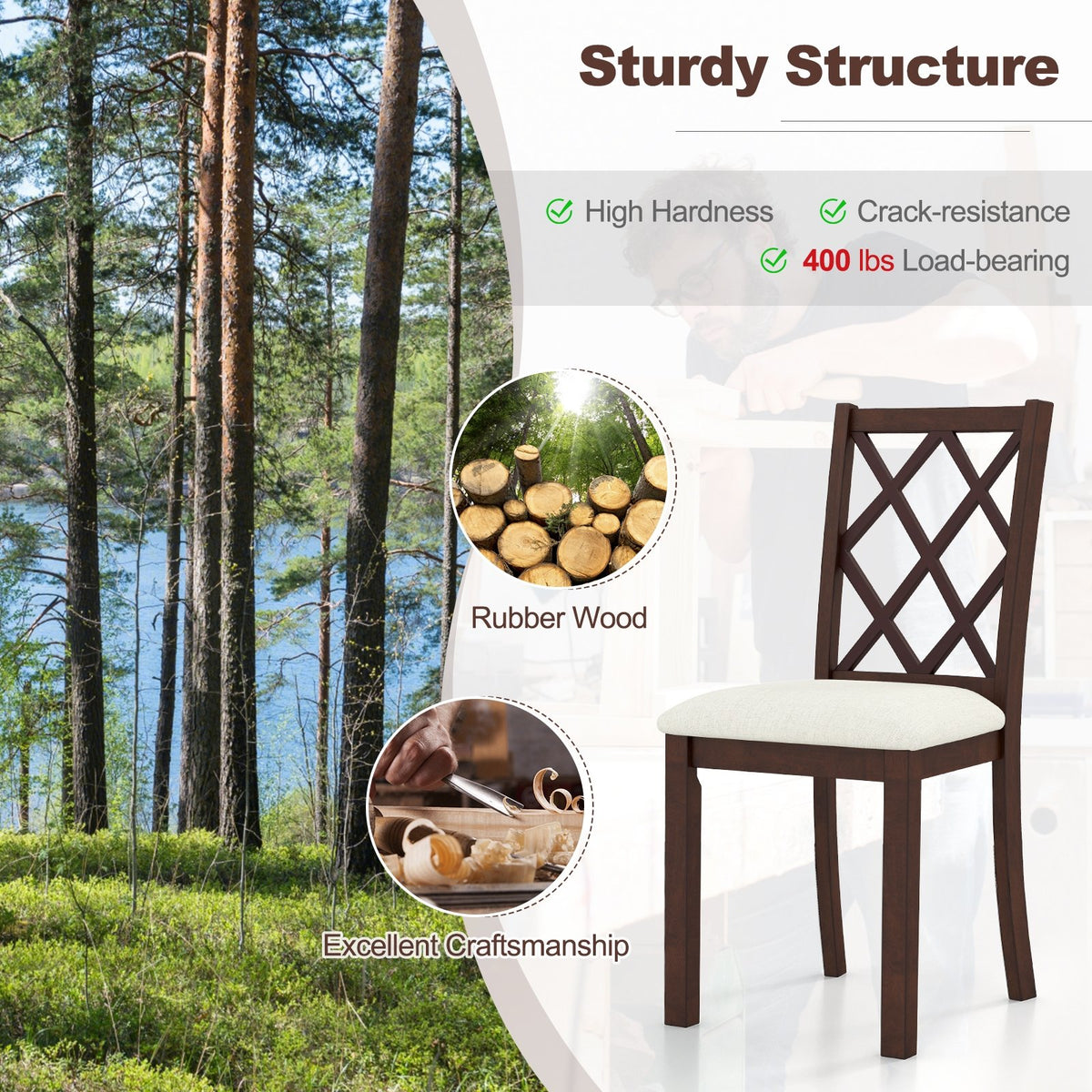 Dining Chair Set of 2 Wood Kitchen Chairs with Upholstered Seat Cushion and Rubber Wood Legs-Brown view 8