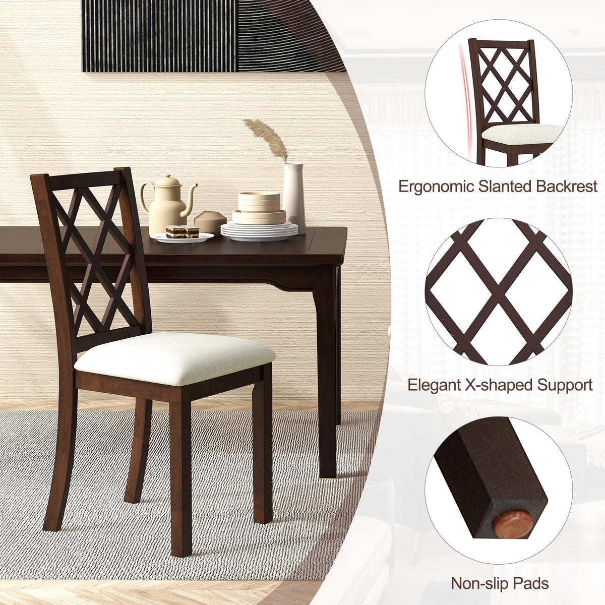 Dining Chair Set of 2 Wood Kitchen Chairs with Upholstered Seat Cushion and Rubber Wood Legs-Brown view 9