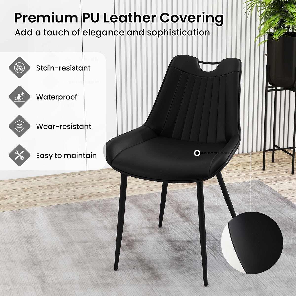 Dining Chair Set of 4 Faux Leather Upholstered Kitchen Chairs with Metal Legs-Black view 4