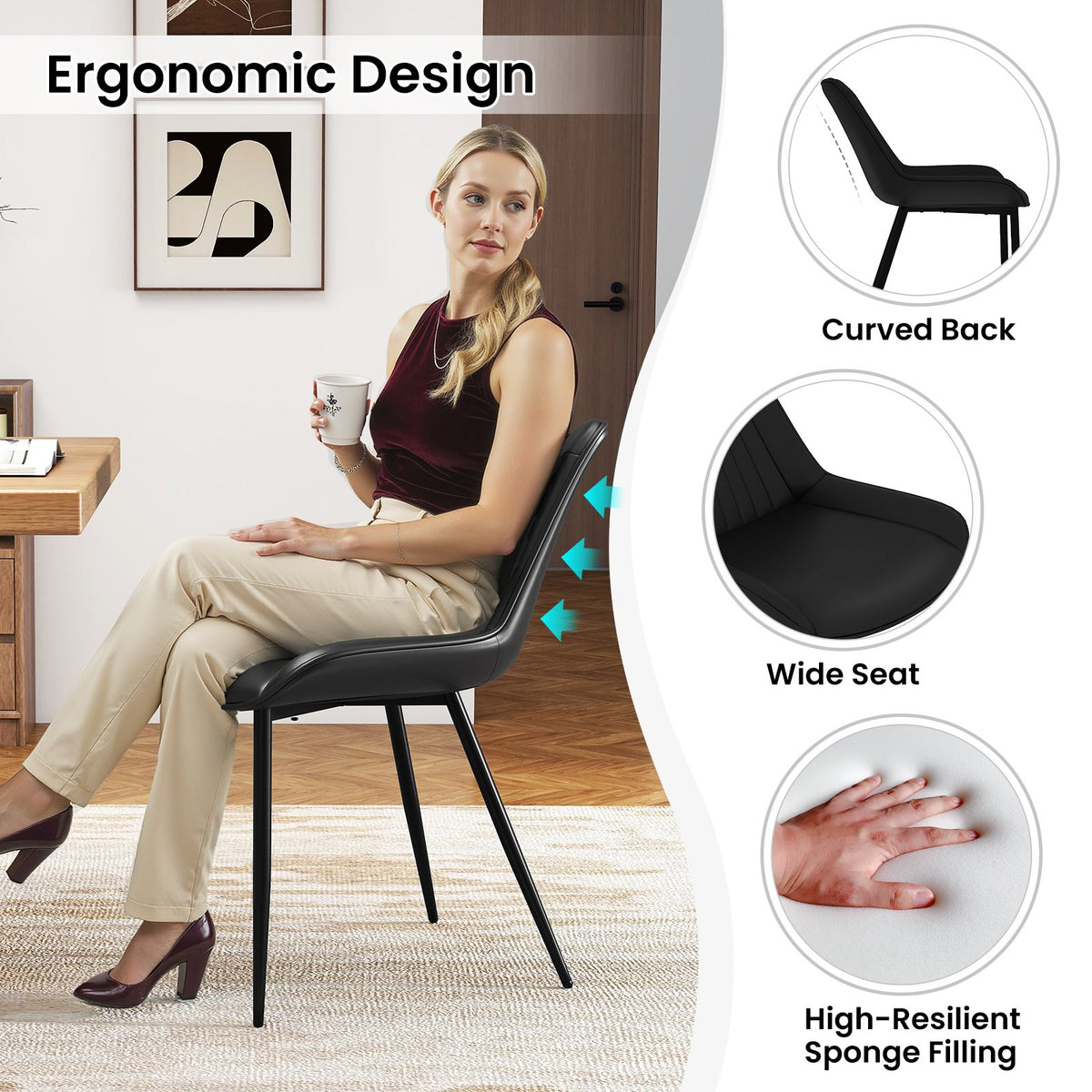 Dining Chair Set of 4 Faux Leather Upholstered Kitchen Chairs with Metal Legs-Black view 5
