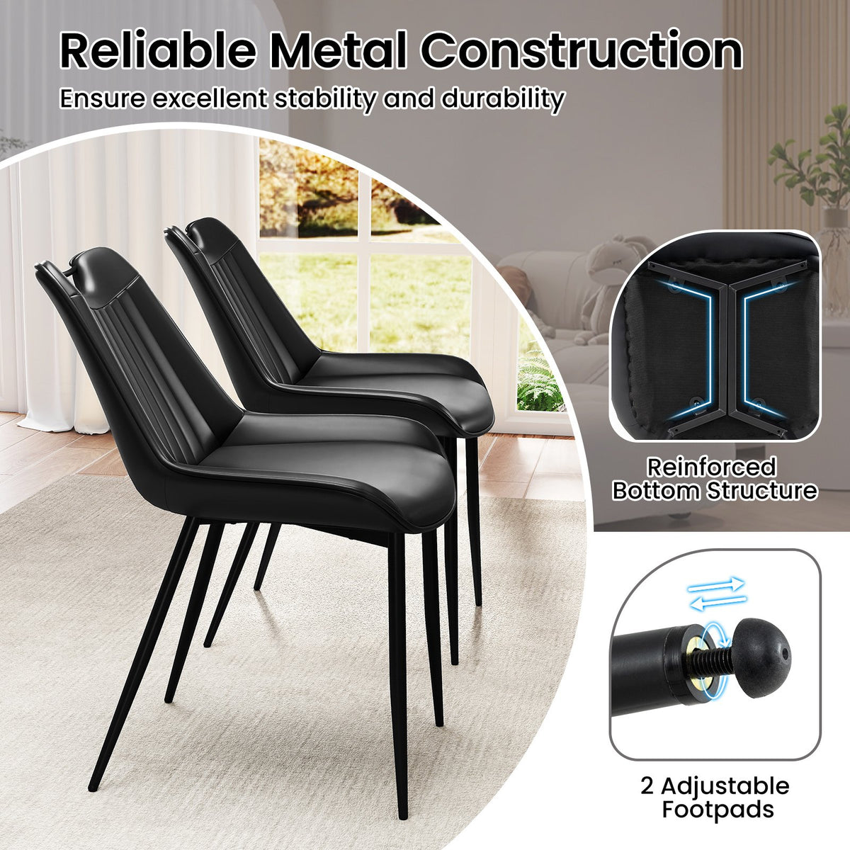 Dining Chair Set of 4 Faux Leather Upholstered Kitchen Chairs with Metal Legs-Black view 6