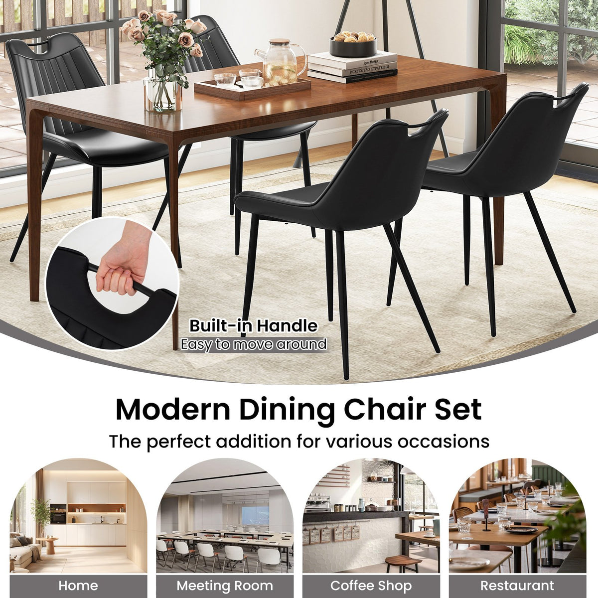 Dining Chair Set of 4 Faux Leather Upholstered Kitchen Chairs with Metal Legs-Black view 7