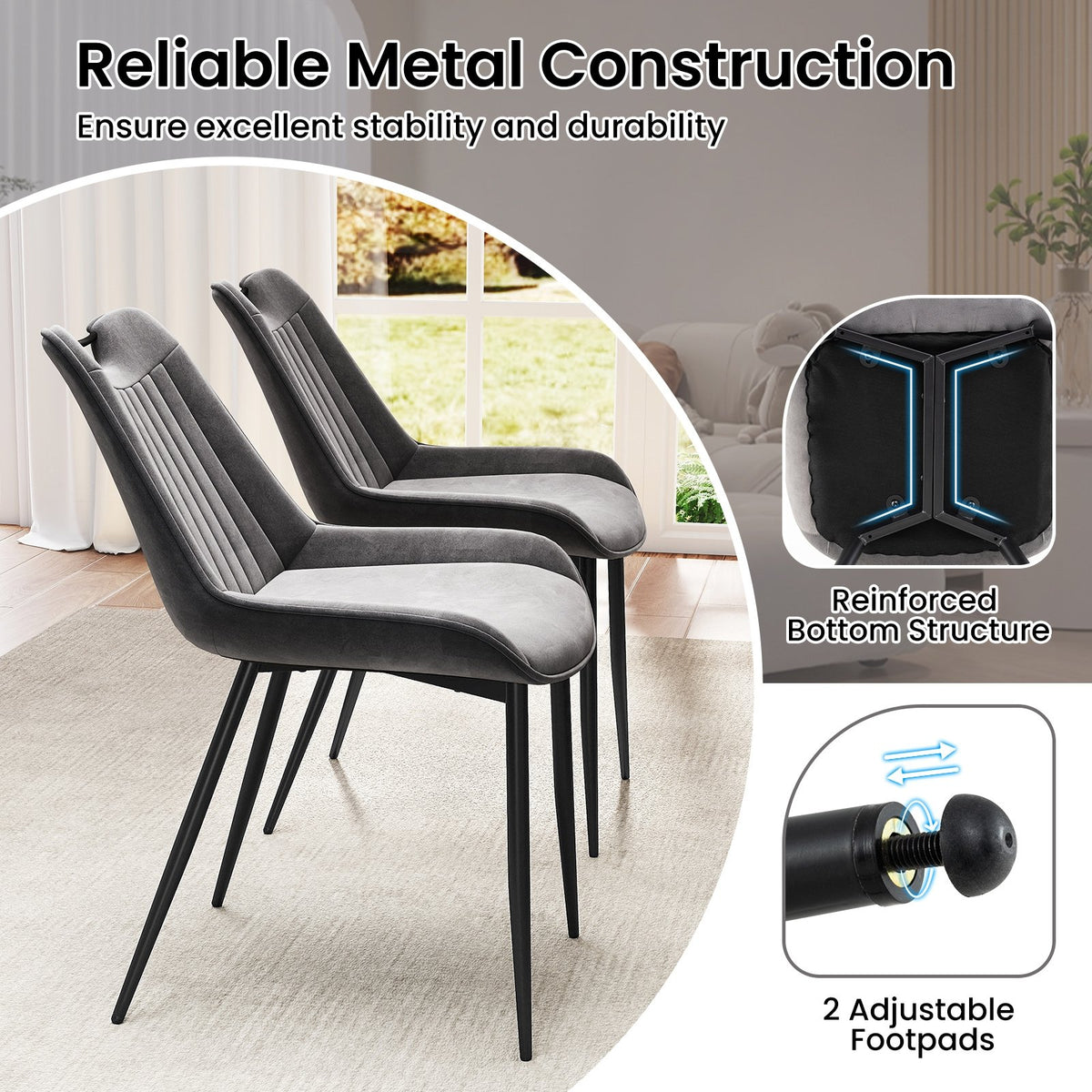 Dining Chair Set of 4 Faux Leather Upholstered Kitchen Chairs with Metal Legs-Gray view 6
