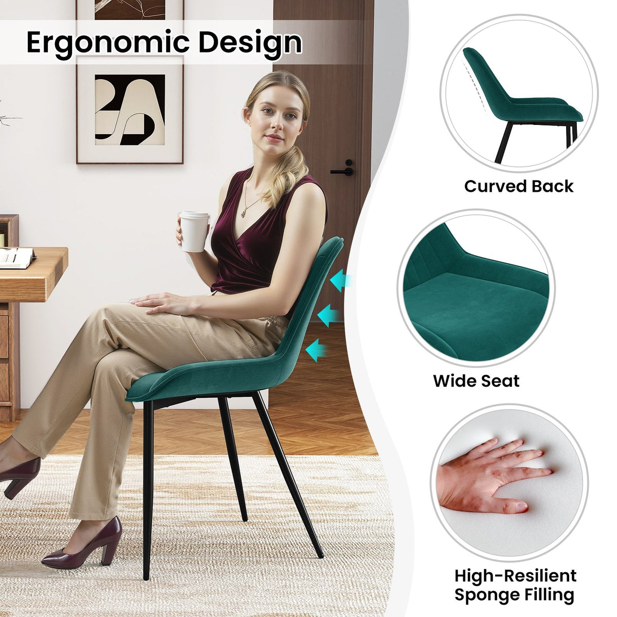 Dining Chair Set of 4 Faux Leather Upholstered Kitchen Chairs with Metal Legs-Turquoise view 5