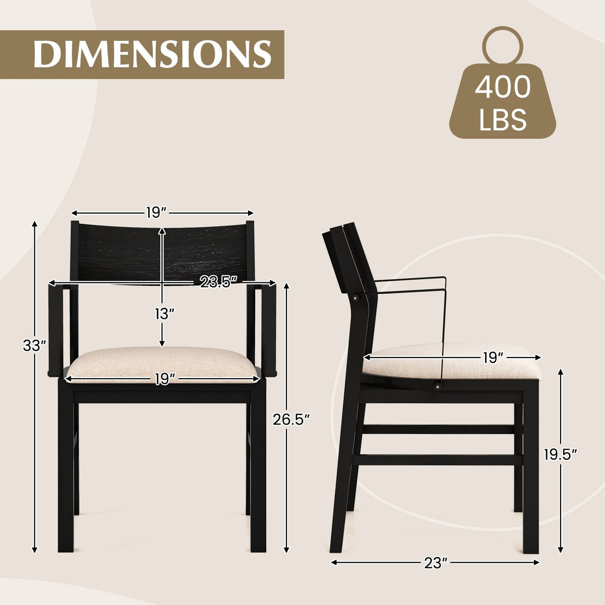 Dining Chair with Contoured Backrest and Padded Seat Set of 2-Beige view 4