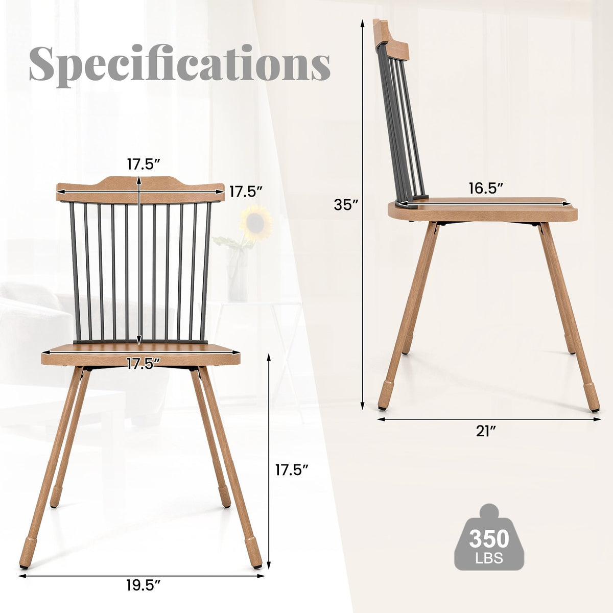 Dining Chair with Spindle Back and Ergonomic Contoured Seat Set of 2-Natural view 4