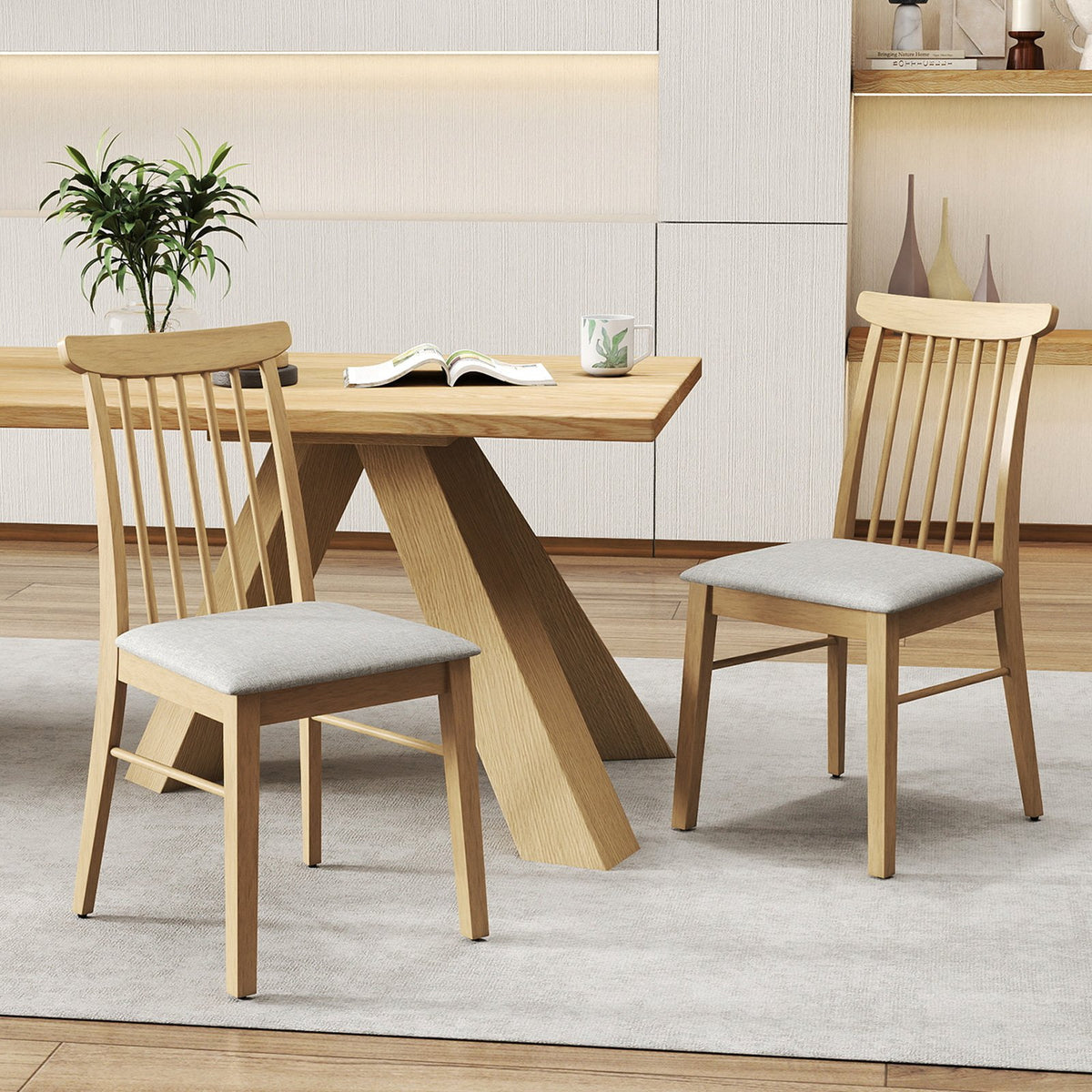 Dining Chairs Set of 2 Fabric Upholstered Kitchen Armless Chairs with Rubber Wood Frame-Natural view 2