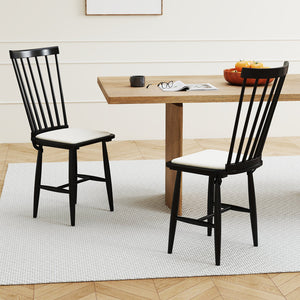 Dining Chairs Set of 2 Farmhouse Solid Rubber Wood Windsor Chairs with Removable Seat Cushions-Black view 2