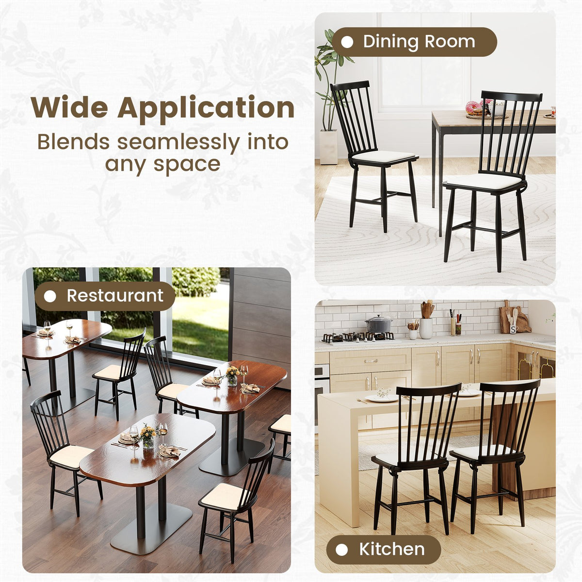 Dining Chairs Set of 2 Farmhouse Solid Rubber Wood Windsor Chairs with Removable Seat Cushions-Black view 5