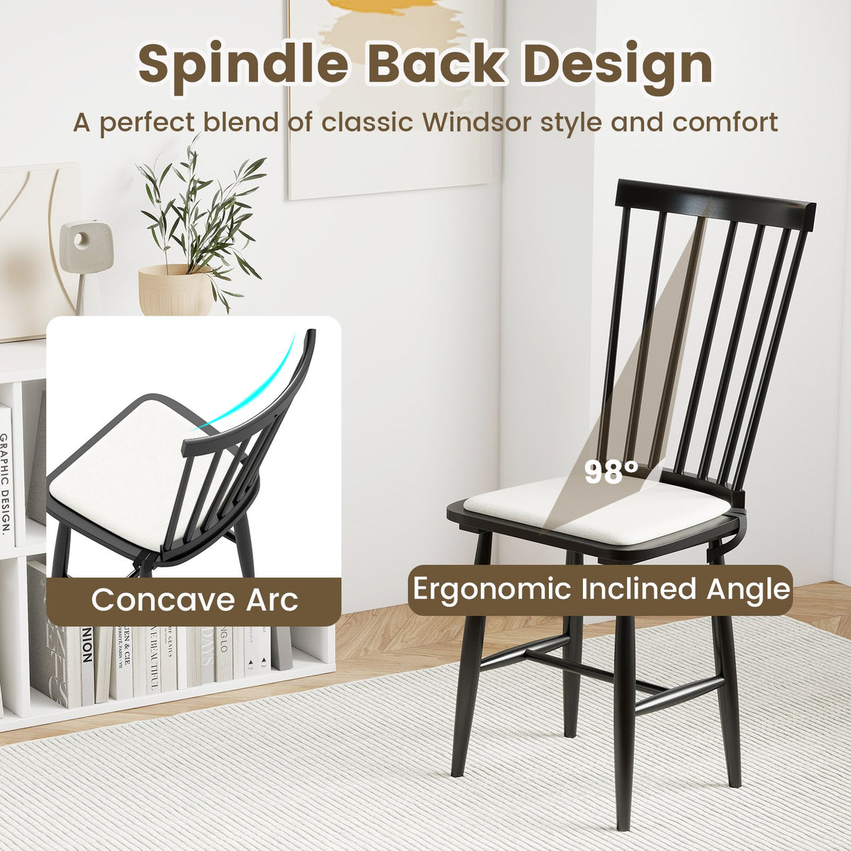 Dining Chairs Set of 2 Farmhouse Solid Rubber Wood Windsor Chairs with Removable Seat Cushions-Black view 7