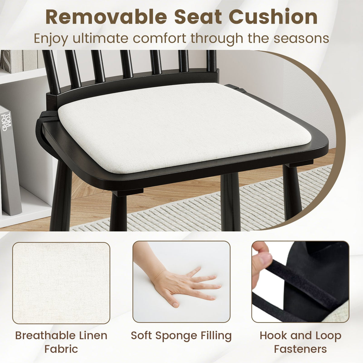 Dining Chairs Set of 2 Farmhouse Solid Rubber Wood Windsor Chairs with Removable Seat Cushions-Black view 8