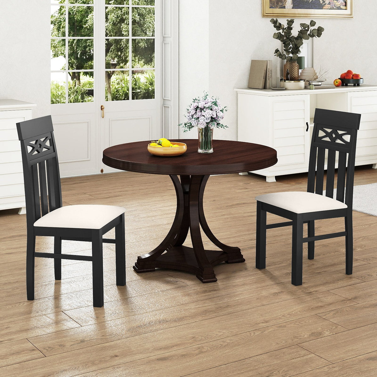 Dining Chairs Set of 2 High Back Dining Room Chairs with Padded Seat and Rubber Wood Frame-Black view 3