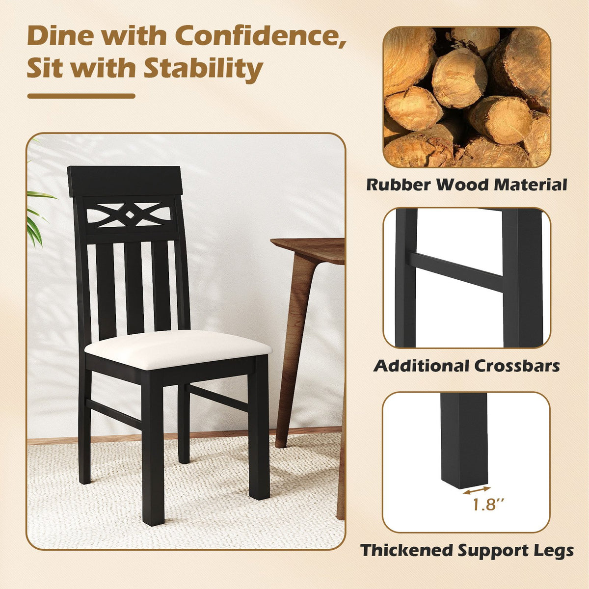 Dining Chairs Set of 2 High Back Dining Room Chairs with Padded Seat and Rubber Wood Frame-Black view 5