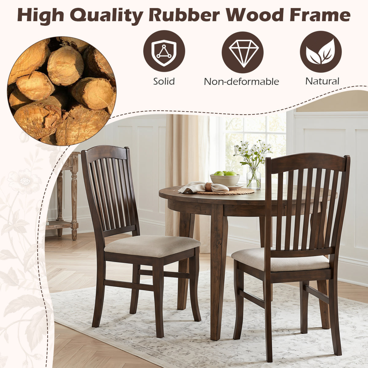 Dining Chairs Set of 2 Kitchen Side Chairs Mid-century Armless Dinette Chairs-Brown & White view 4